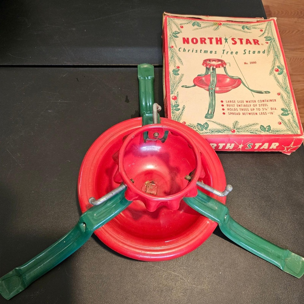 Vintage North Star Christmas Tree Stand No 2000 Red Green Steel with Box MCM
